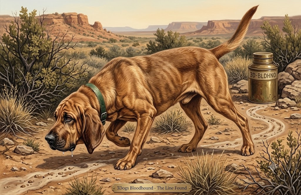 3Dogs Bloodhound tracking a trail through the desert Southwest
